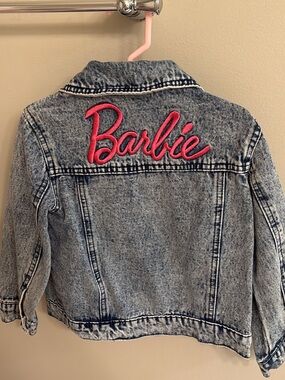 Barbie Pink Script Acid Wash Denim Jacket